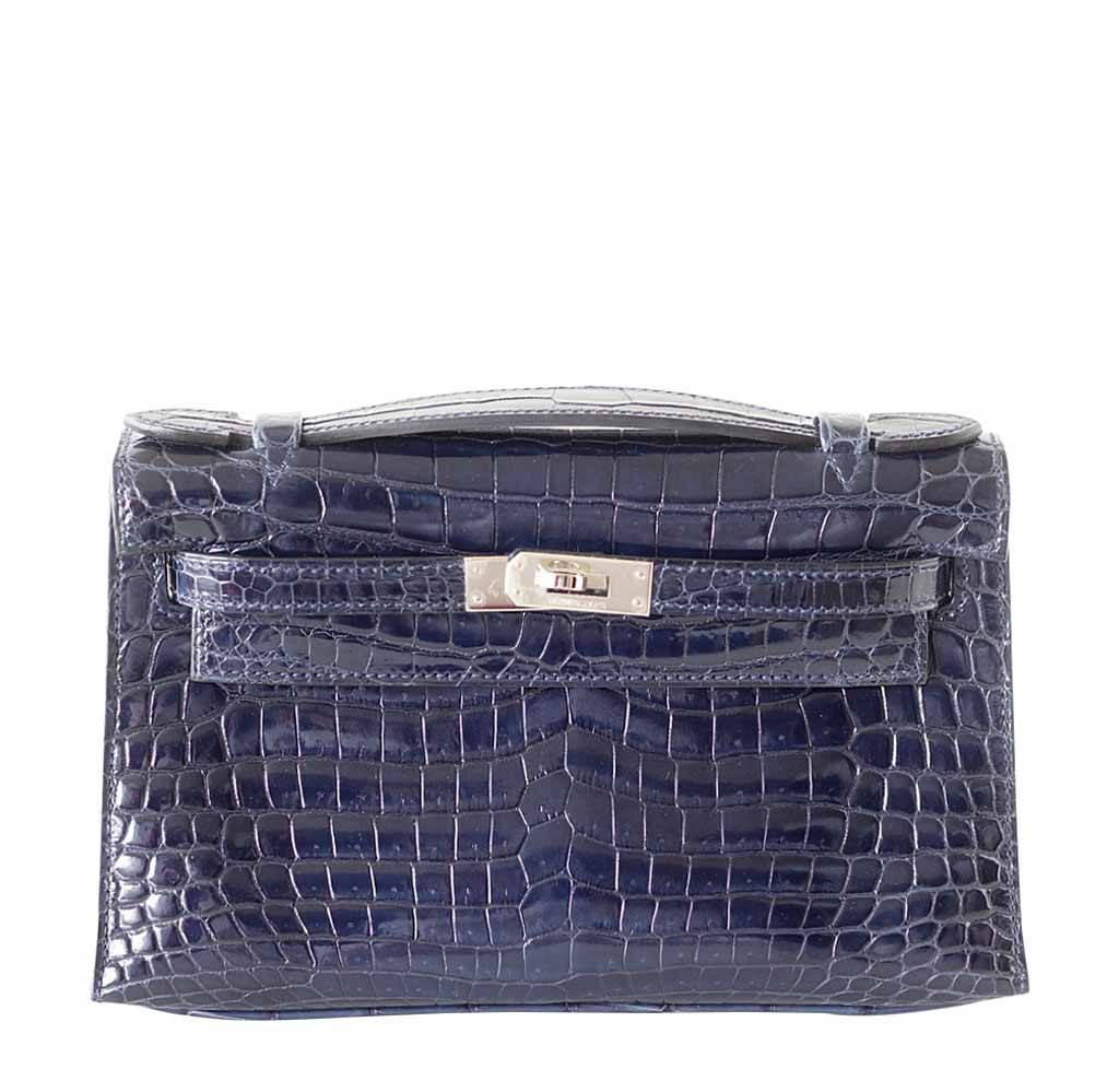 Hermes Kelly JPG Pochette Bleu Abyss Crocodile Palladium Hardware