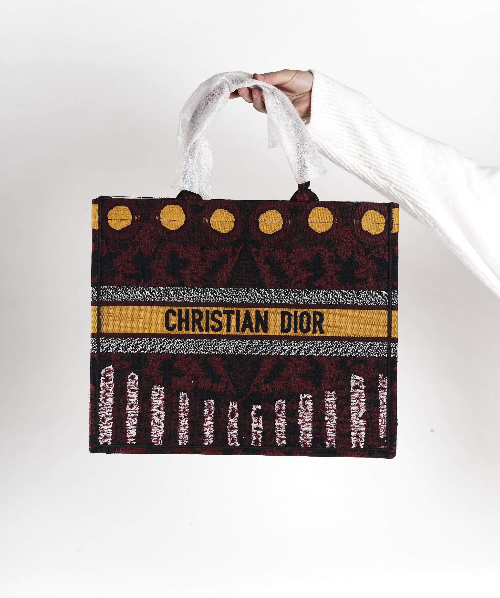 Dior Book Tote Yellow and Burgundy Embroidered Canvas