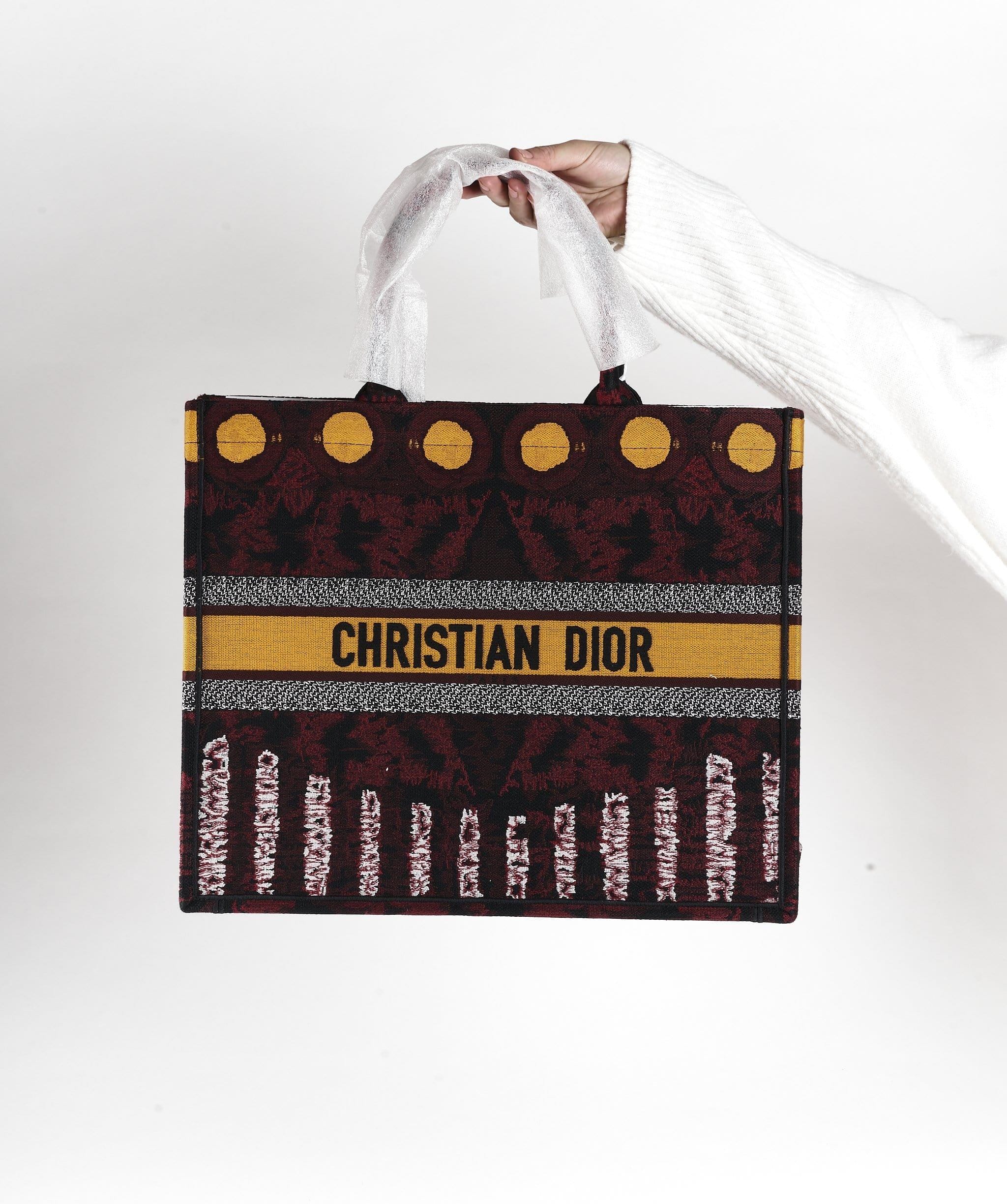 Dior Book Tote Yellow and Burgundy Embroidered Canvas