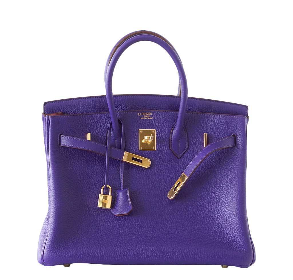Hermes Birkin 35 Iris Rose de Bois Special Order Horseshoe Clemence Leather Gold Hardware