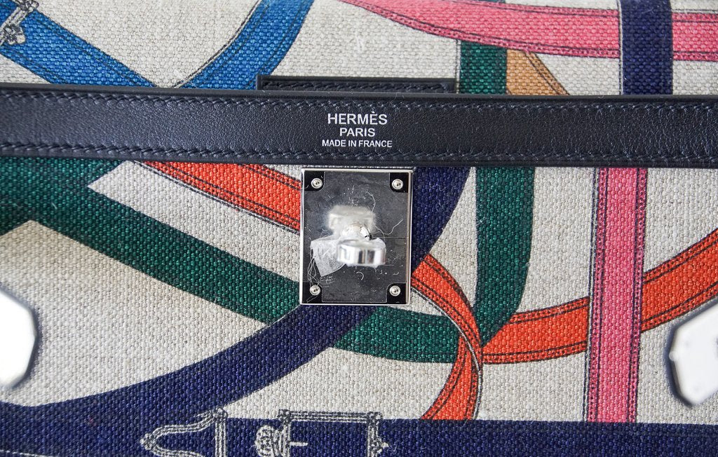 Hermes Kelly 32 Cavalcadour Print Noir Toile de Camp Swift Leather Palladium Hardware