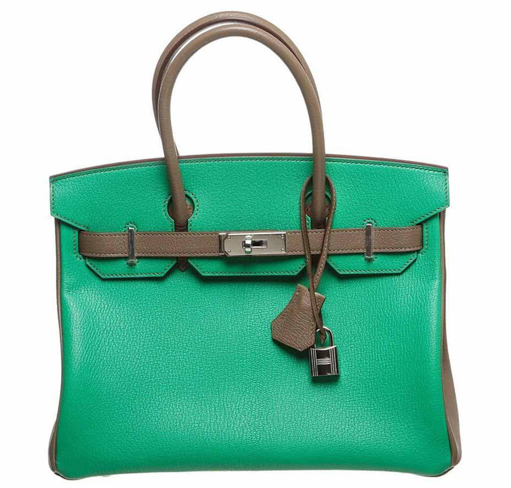 Hermes Birkin 30 Green & Brown Chevre Leather Palladium Hardware