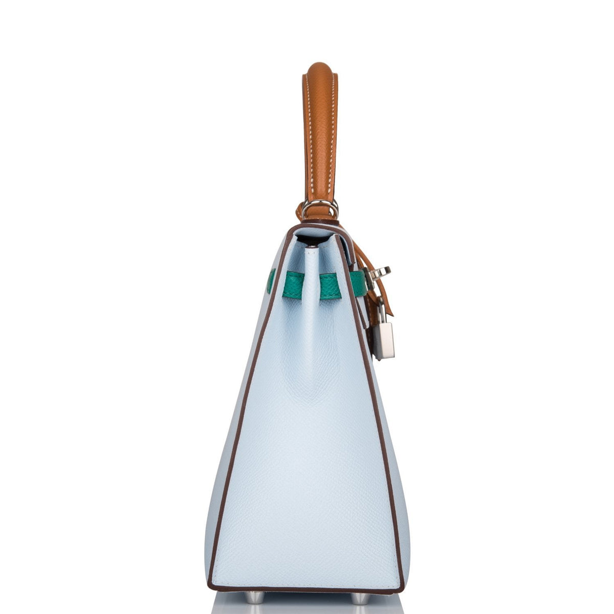 Hermes Kelly Sellier 25 Tri-Color Bleu Brume, Vert Jade and Gold Epsom Palladium Hardware
