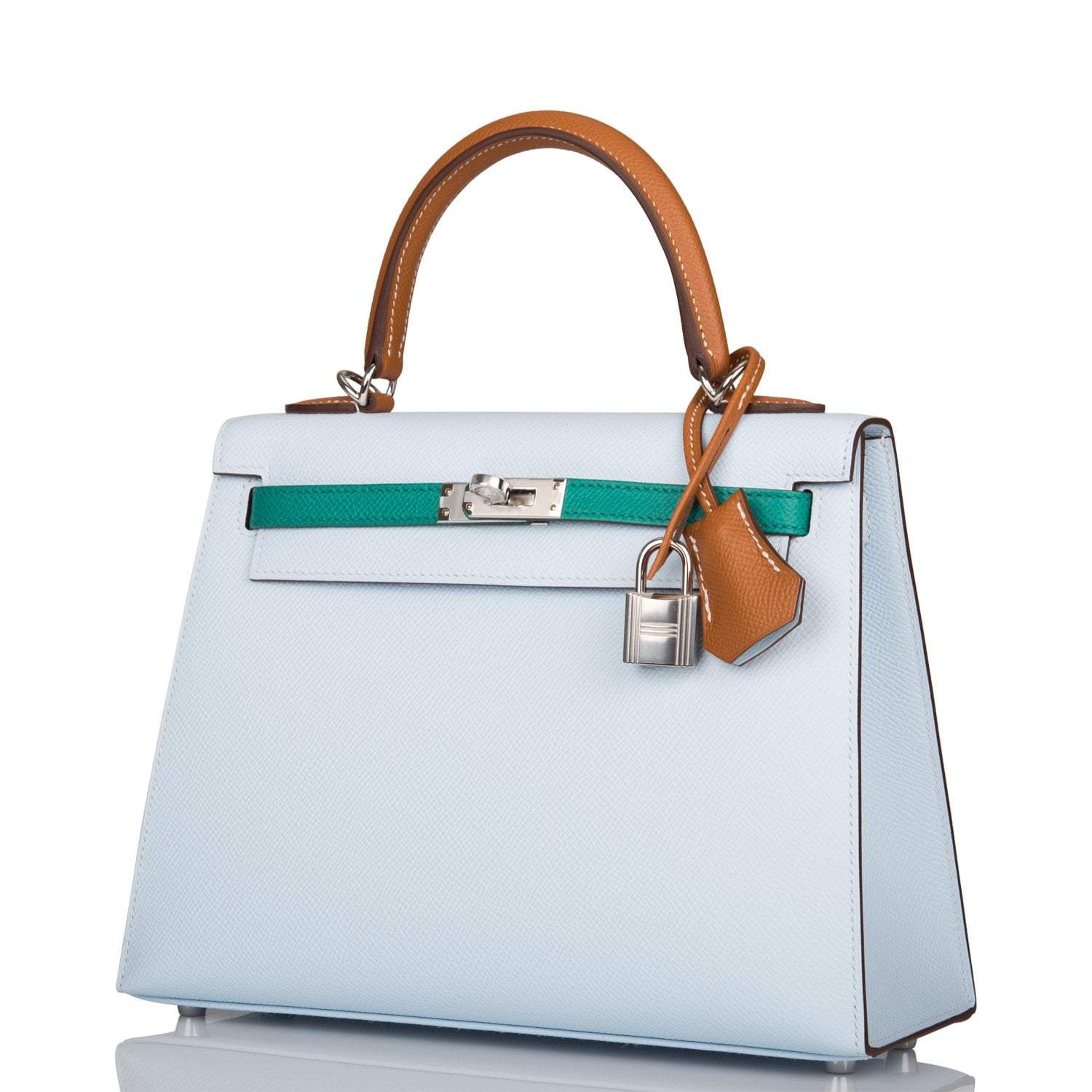 Hermes Kelly Sellier 25 Tri-Color Bleu Brume, Vert Jade and Gold Epsom Palladium Hardware