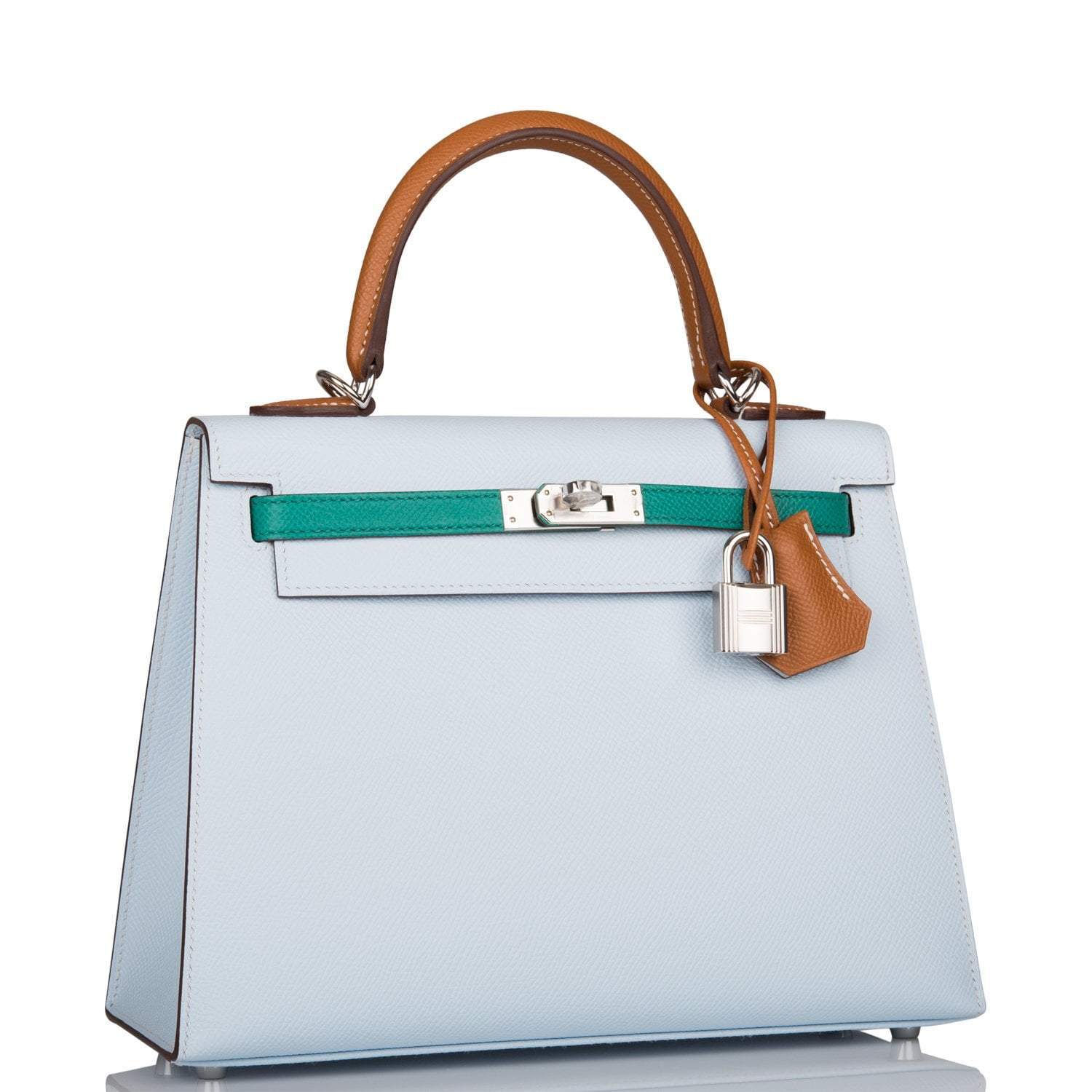 Hermes Kelly Sellier 25 Tri-Color Bleu Brume, Vert Jade and Gold Epsom Palladium Hardware