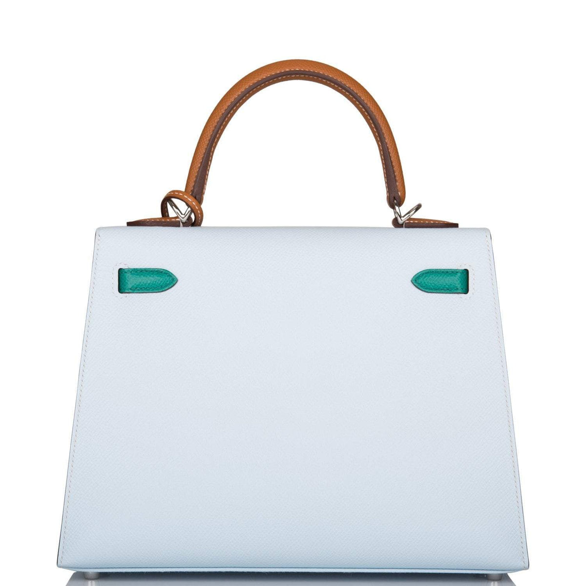 Hermes Kelly Sellier 25 Tri-Color Bleu Brume, Vert Jade and Gold Epsom Palladium Hardware