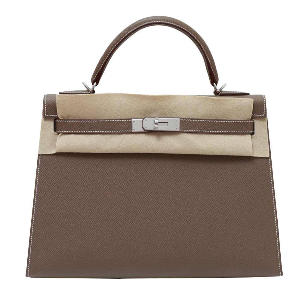 Hermes Kelly Sellier 32 Etoupe Epsom Leather Palladium Hardware