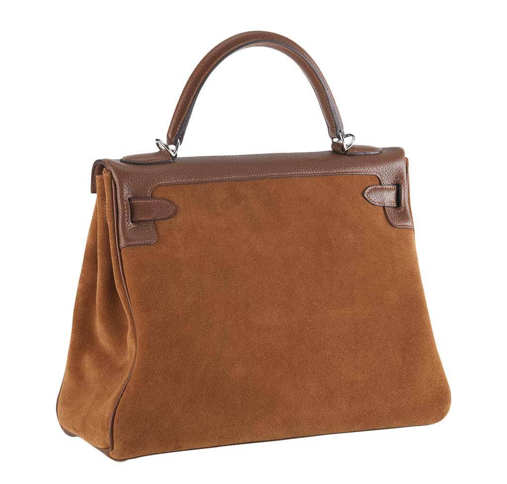 Hermes Kelly Grizzly 32 Fauve Gold Suede Togo Leather Palladium Hardware