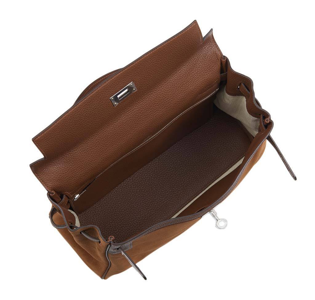 Hermes Kelly Grizzly 32 Fauve Gold Suede Togo Leather Palladium Hardware