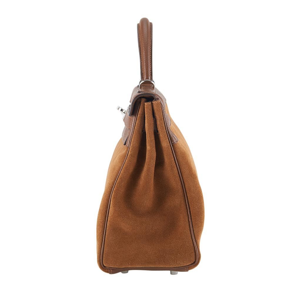 Hermes Kelly Grizzly 32 Fauve Gold Suede Togo Leather Palladium Hardware