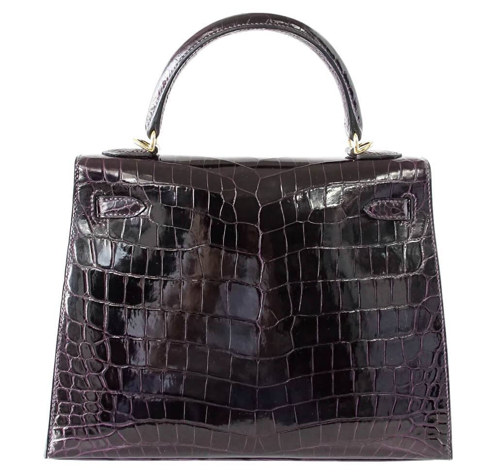 Hermes Kelly Sellier 25 Prunoir Crocodile Gold Hardware