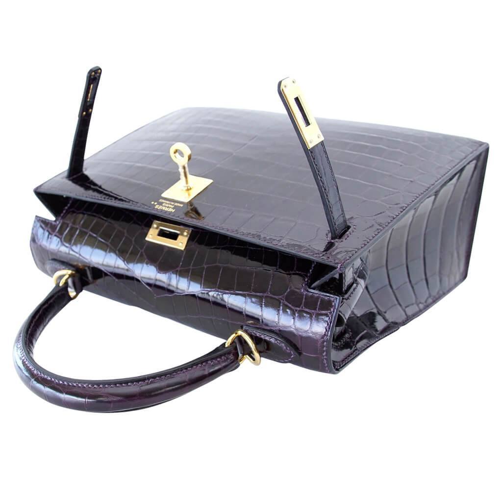 Hermes Kelly Sellier 25 Prunoir Crocodile Gold Hardware