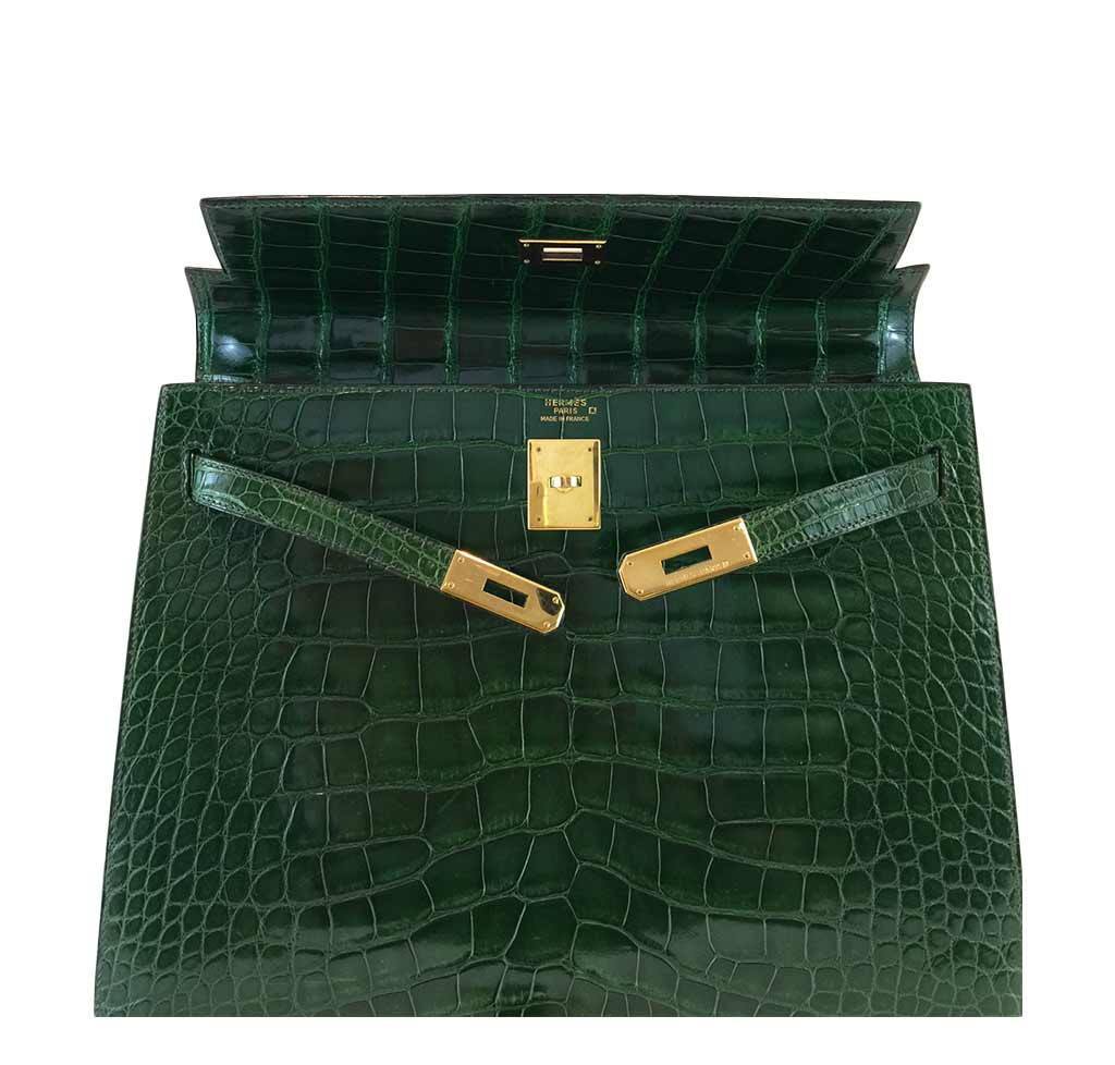 Hermes Kelly Sellier 35 Vert Emerald Alligator Gold Hardware