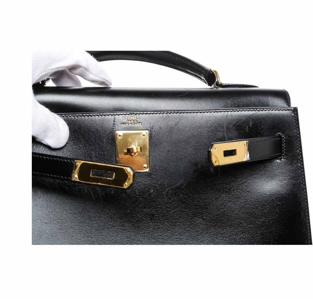 Hermes Kelly 32 Black Box Leather Gold Hardware