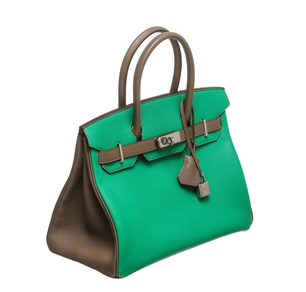 Hermes Birkin 30 Green & Brown Chevre Leather Palladium Hardware
