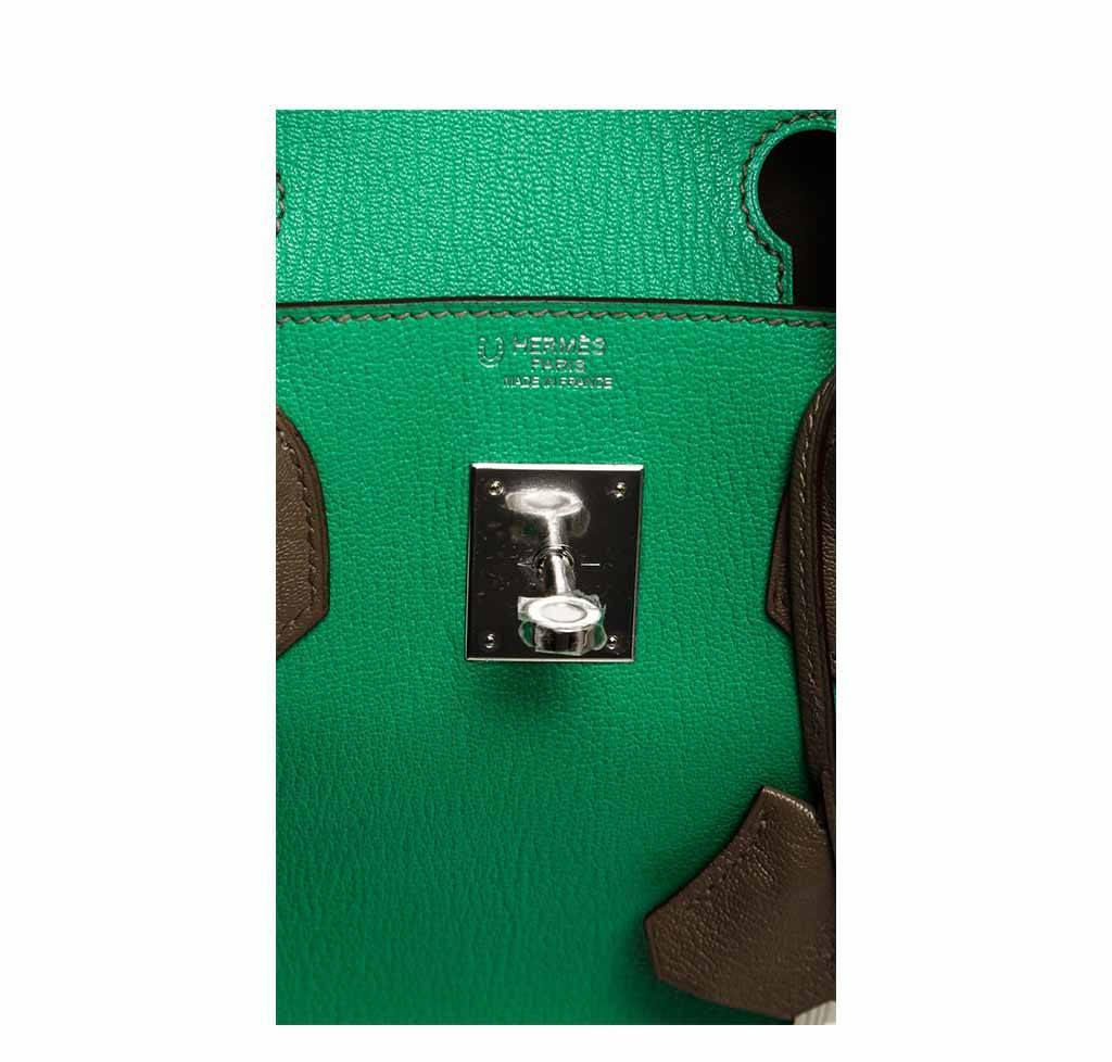 Hermes Birkin 30 Green & Brown Chevre Leather Palladium Hardware