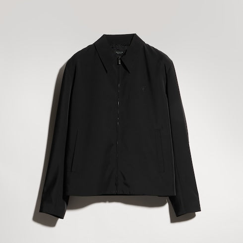 Stretch polyester zip jacket with embroidery - black