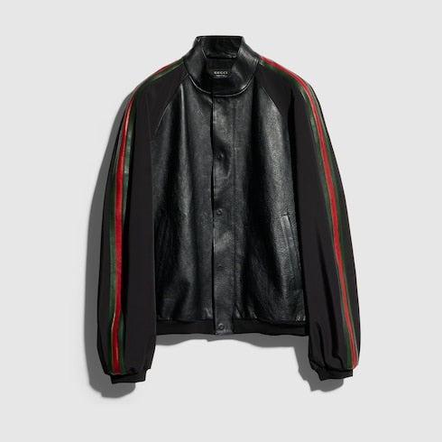 Leather bomber jacket with Web - black