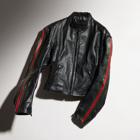 Leather biker jacket with Web - black