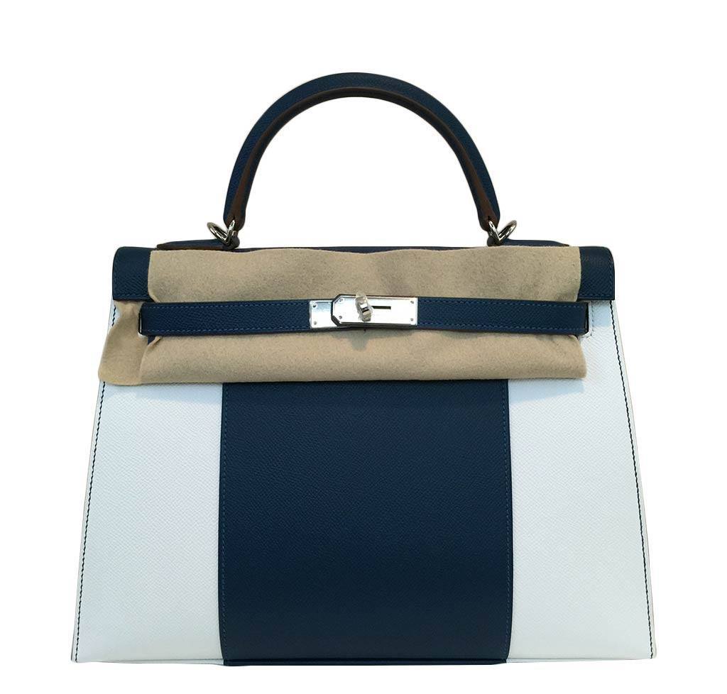 Hermes Kelly Flag Sellier 32 White Blue Thalassa Epsom Leather Palladium Hardware
