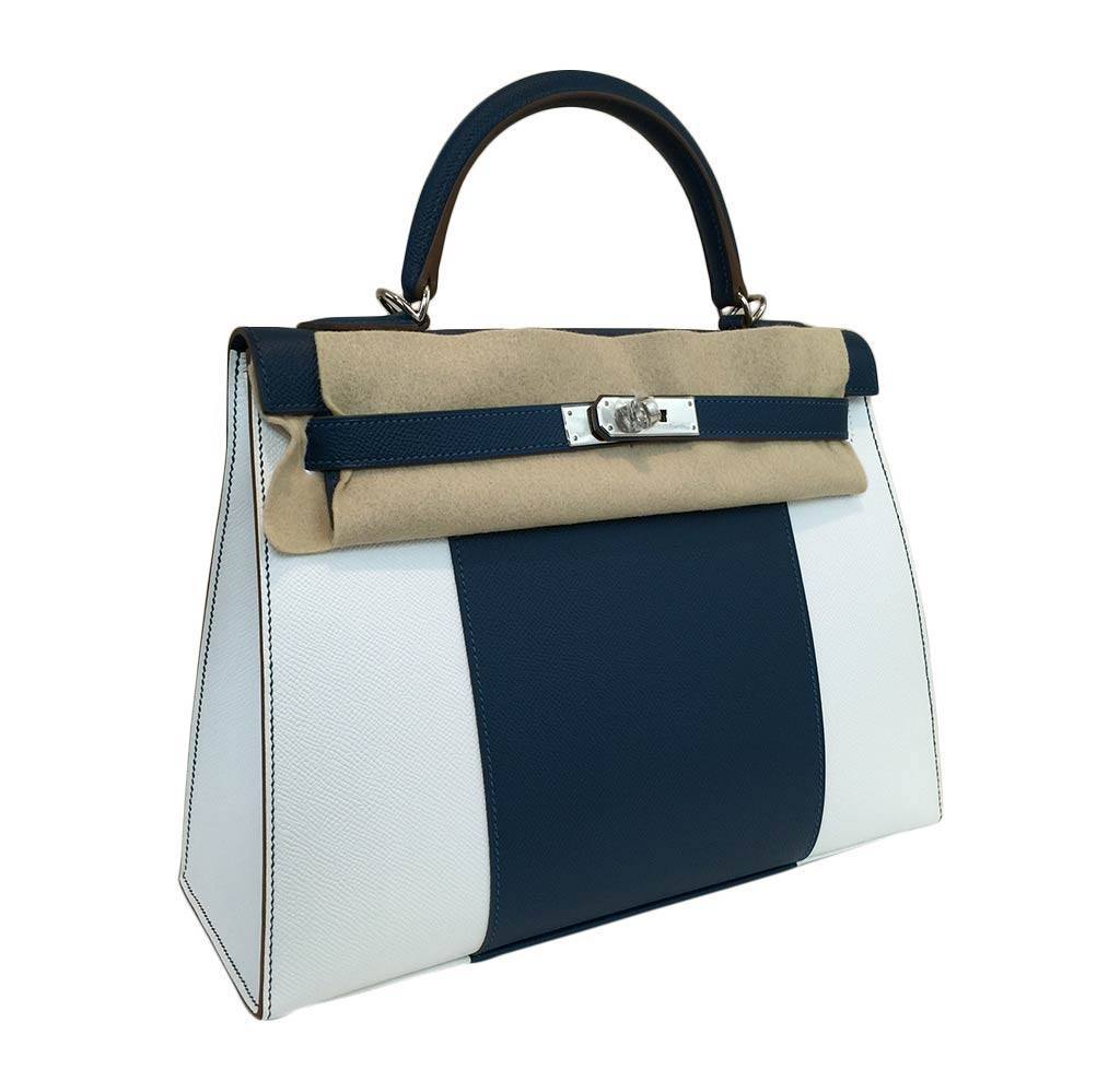 Hermes Kelly Flag Sellier 32 White Blue Thalassa Epsom Leather Palladium Hardware