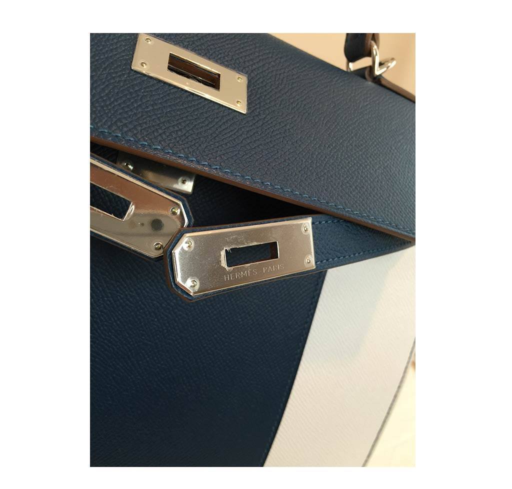 Hermes Kelly Flag Sellier 32 White Blue Thalassa Epsom Leather Palladium Hardware