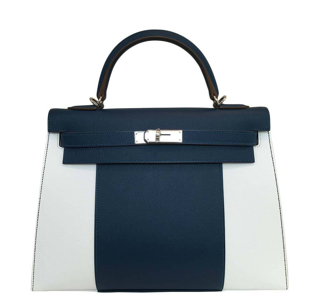 Hermes Kelly Flag Sellier 32 White Blue Thalassa Epsom Leather Palladium Hardware