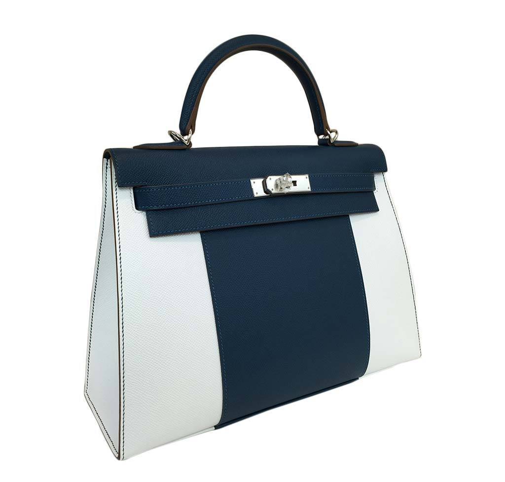 Hermes Kelly Flag Sellier 32 White Blue Thalassa Epsom Leather Palladium Hardware