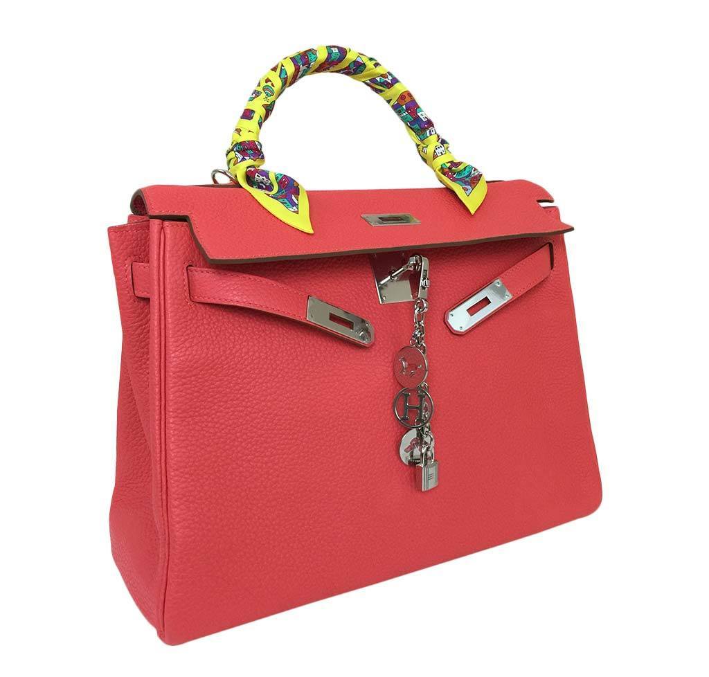 Hermes Kelly 32 Rouge Pivoine Clemence Leather Palladium Hardware