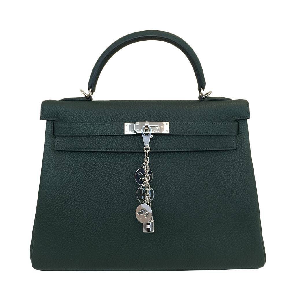 Hermes Kelly 32 Vert Anglais Togo Leather Palladium Hardware