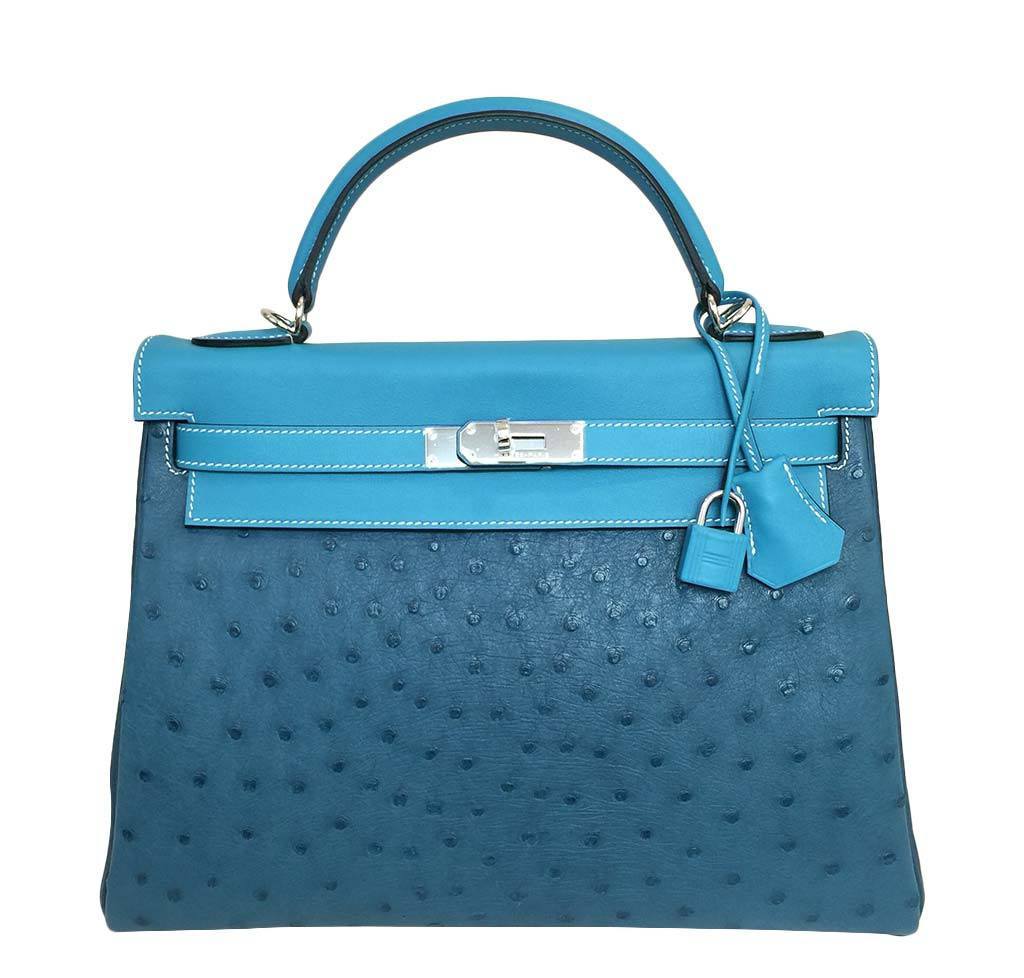 Hermes Kelly 32 Limited Edition Cobalt Blue Jean Colvert Multi Color Ostrich Swift Clemence Leather Palladium Hardware