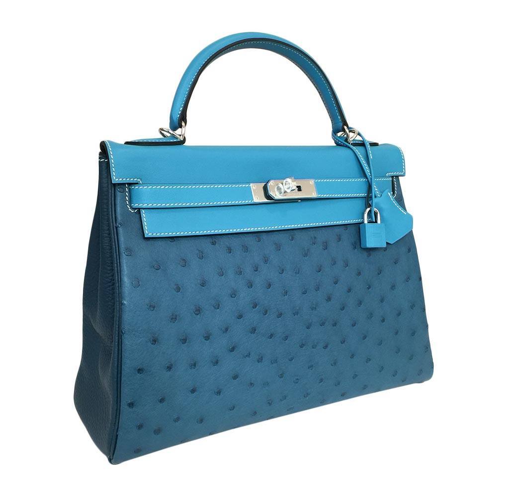 Hermes Kelly 32 Limited Edition Cobalt Blue Jean Colvert Multi Color Ostrich Swift Clemence Leather Palladium Hardware