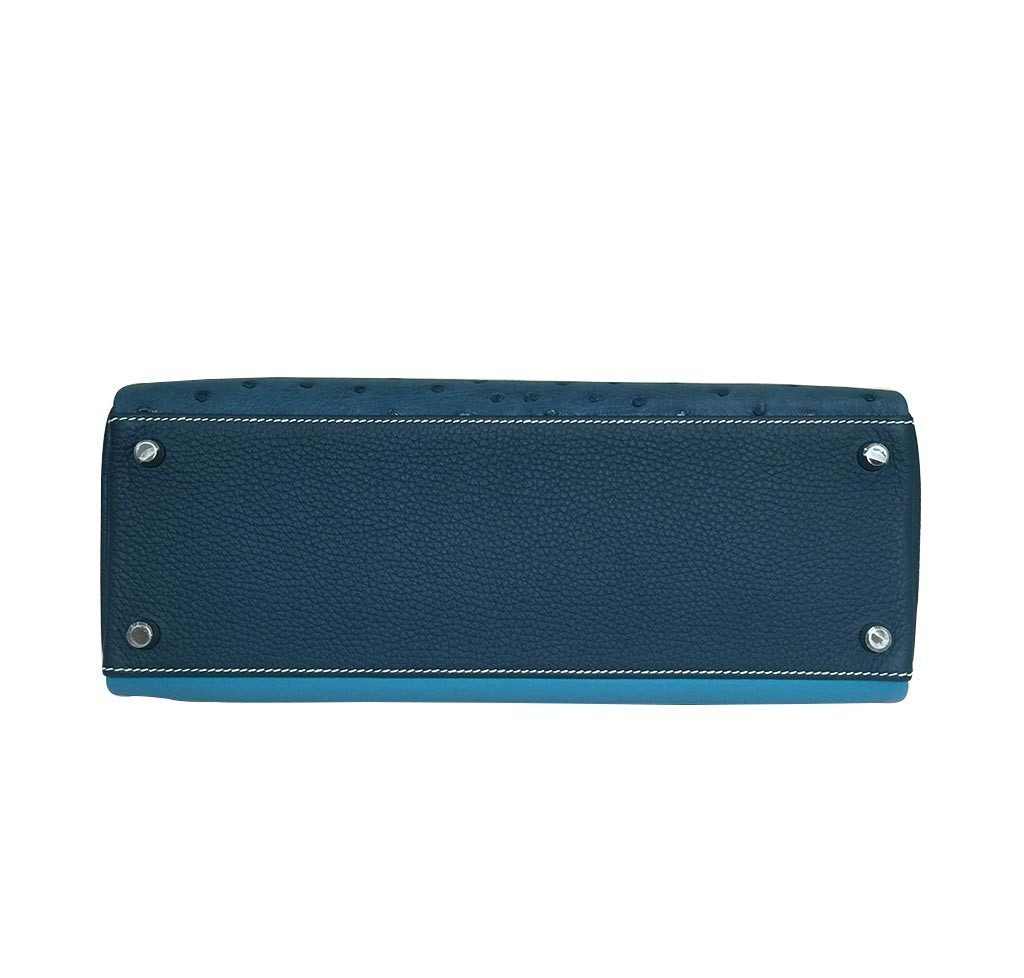 Hermes Kelly 32 Limited Edition Cobalt Blue Jean Colvert Multi Color Ostrich Swift Clemence Leather Palladium Hardware
