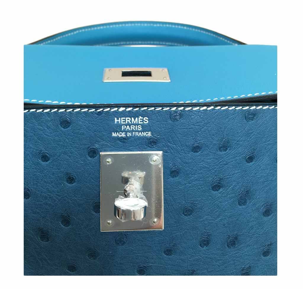 Hermes Kelly 32 Limited Edition Cobalt Blue Jean Colvert Multi Color Ostrich Swift Clemence Leather Palladium Hardware