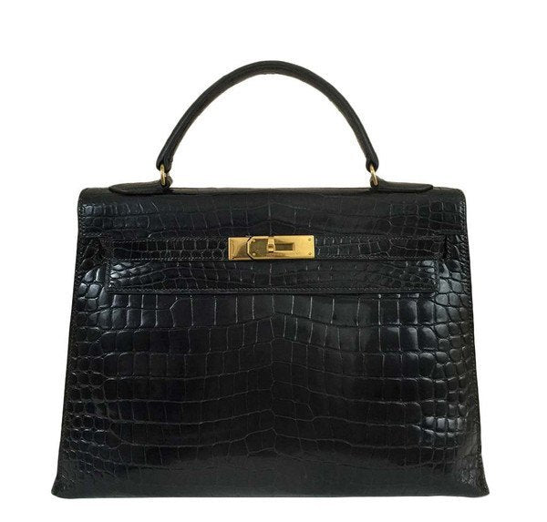 Hermes Kelly 32 Black Shiny Porosus Crocodile Gold Hardware Vintage