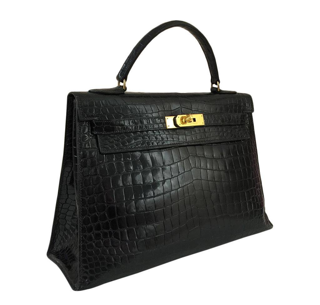 Hermes Kelly 32 Black Shiny Porosus Crocodile Gold Hardware Vintage