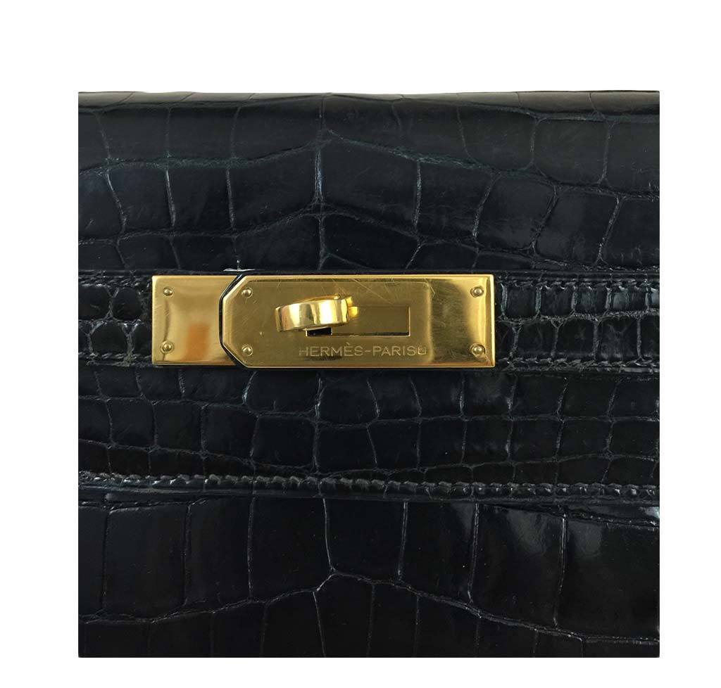 Hermes Kelly 32 Black Shiny Porosus Crocodile Gold Hardware Vintage