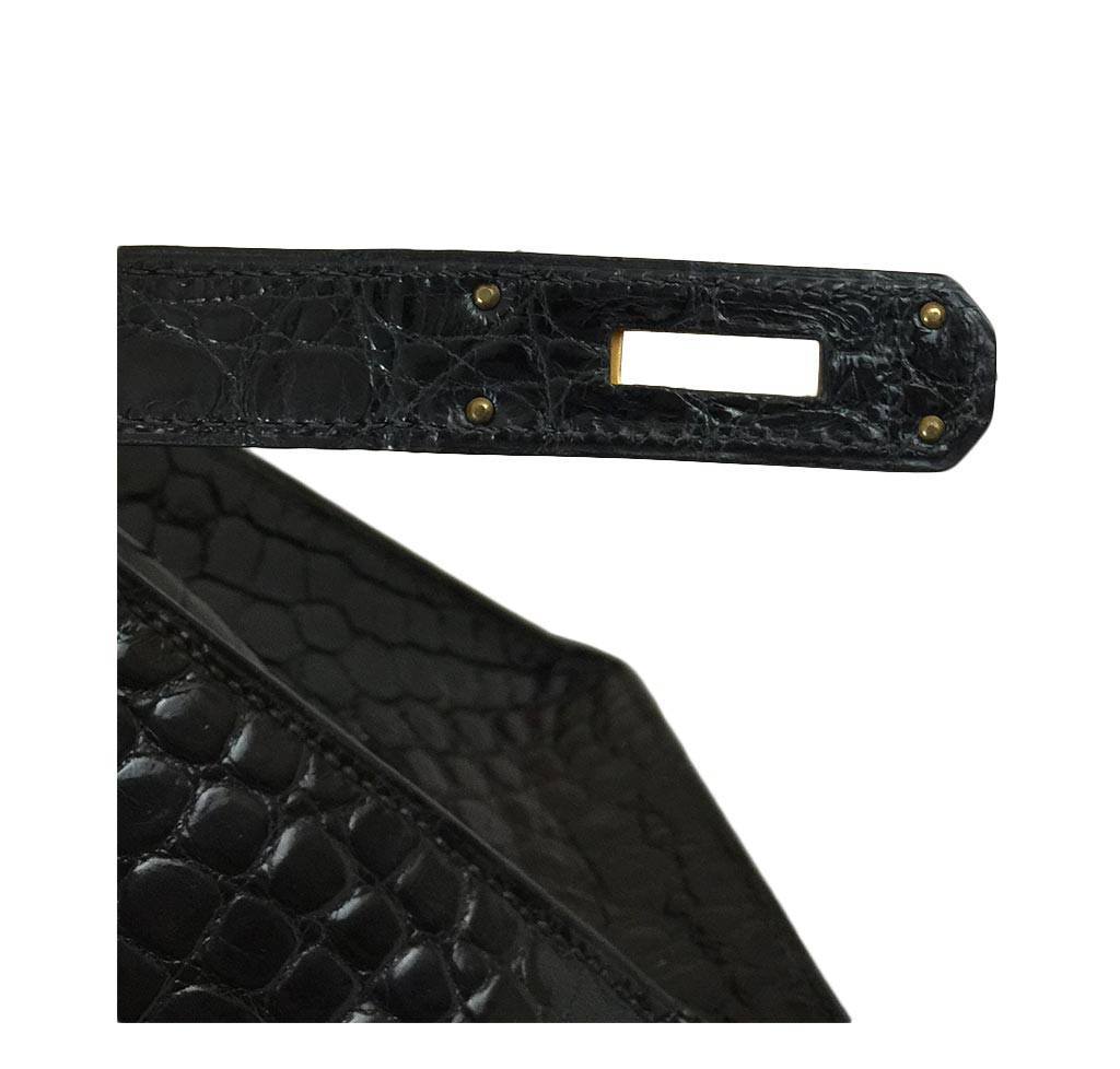 Hermes Kelly 32 Black Shiny Porosus Crocodile Gold Hardware Vintage
