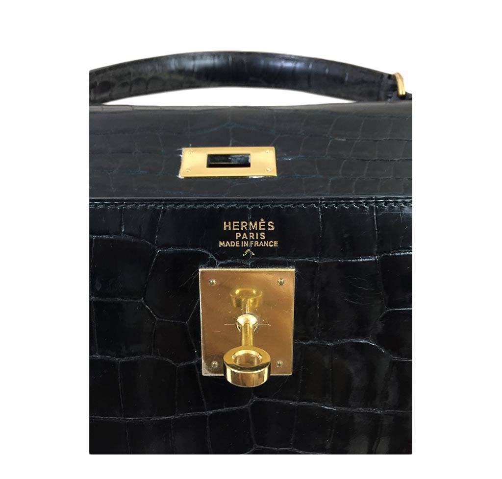Hermes Kelly 32 Black Shiny Porosus Crocodile Gold Hardware Vintage