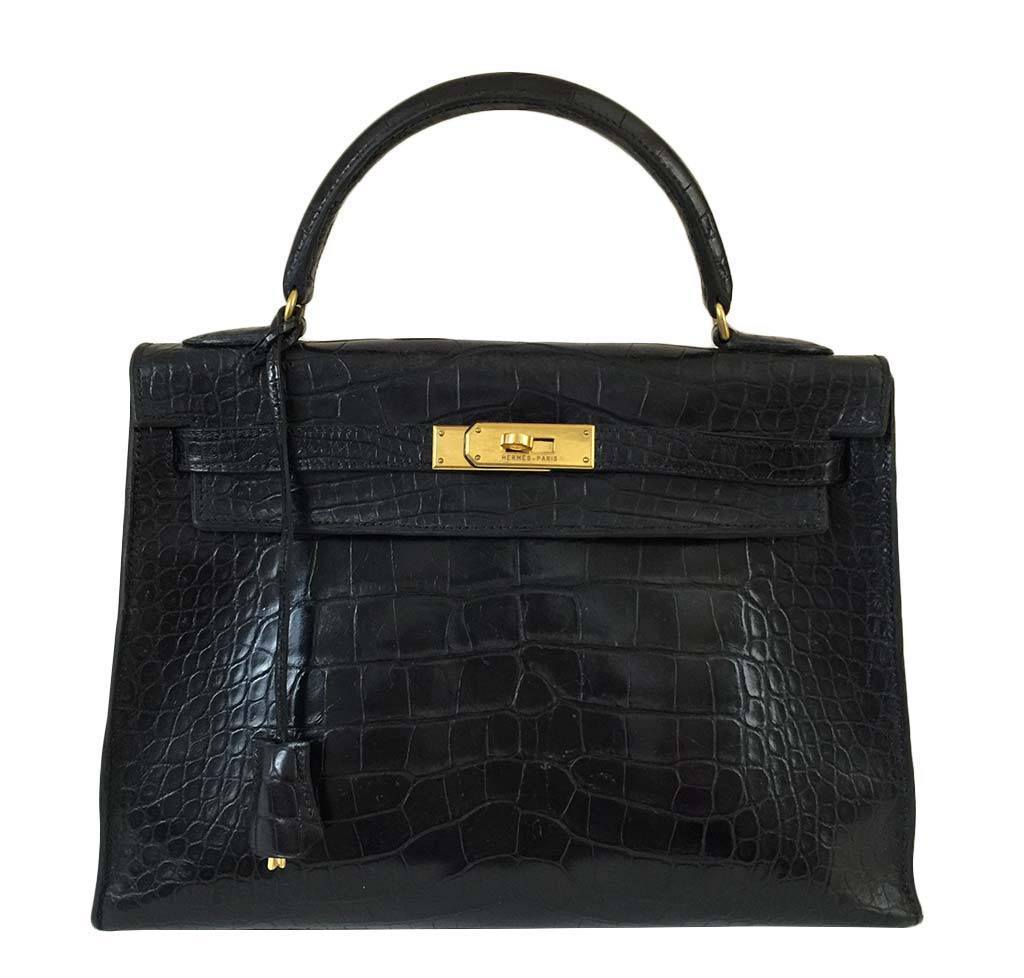 Hermes Kelly 32 Black Crocodile Gold Hardware Vintage
