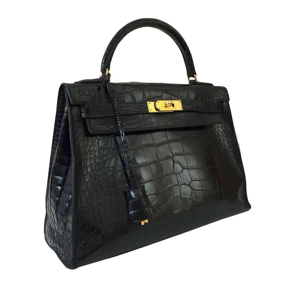 Hermes Kelly 32 Black Crocodile Gold Hardware Vintage