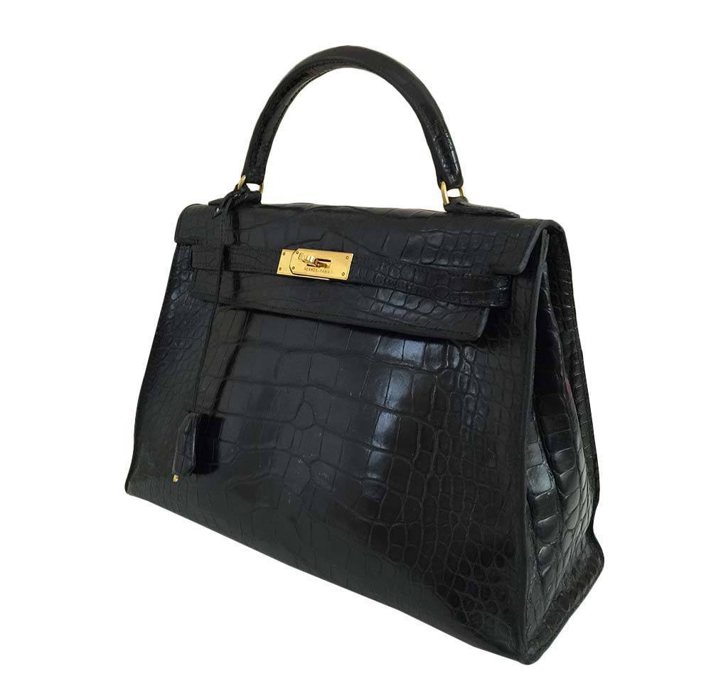 Hermes Kelly 32 Black Crocodile Gold Hardware Vintage