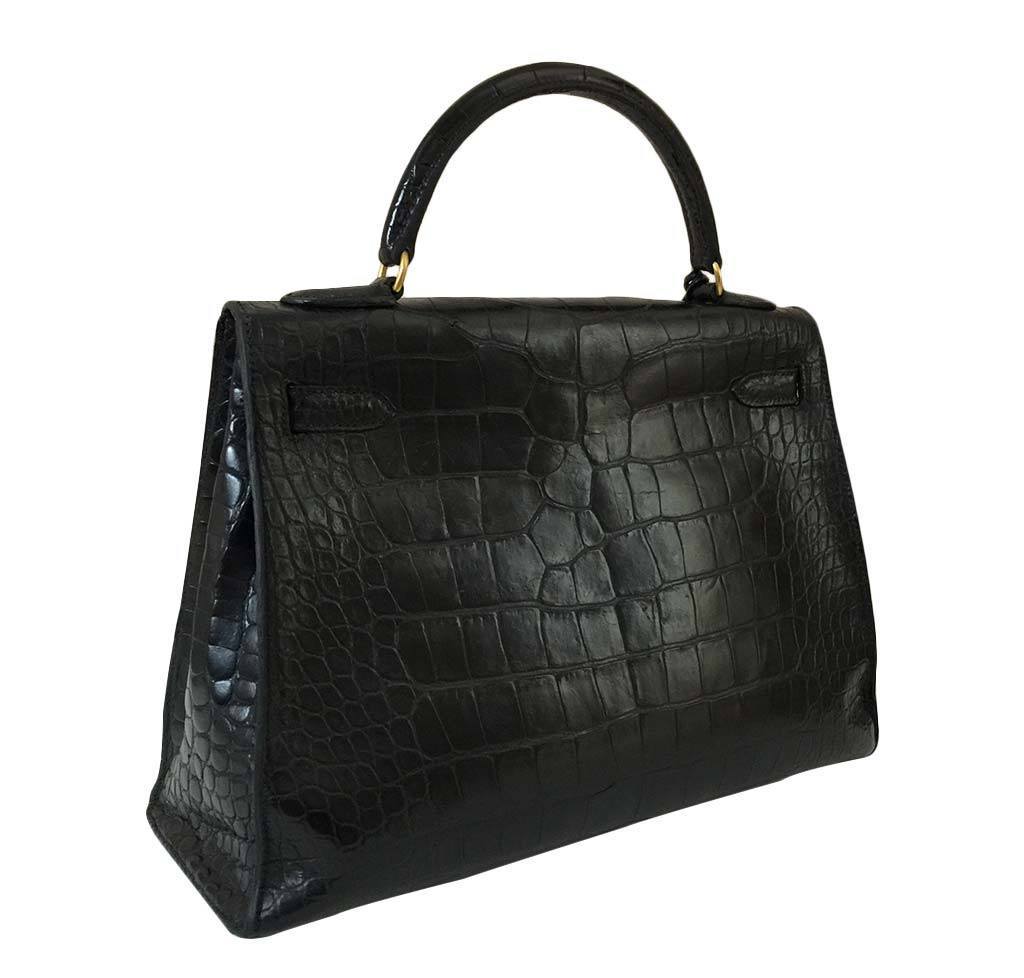 Hermes Kelly 32 Black Crocodile Gold Hardware Vintage