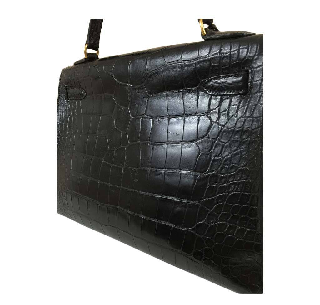 Hermes Kelly 32 Black Crocodile Gold Hardware Vintage