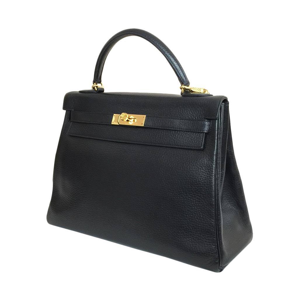 Hermes Kelly Retourne 32 Black Ardennes Leather Gold Hardware