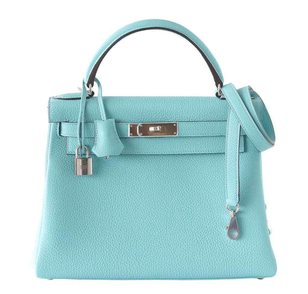 Hermes Kelly 28 Blue Atoll Togo Leather Palladium Hardware