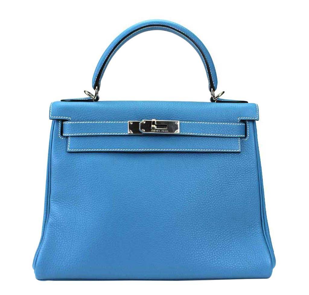 Hermes Kelly 28 Blue Jean Togo Leather Palladium Hardware