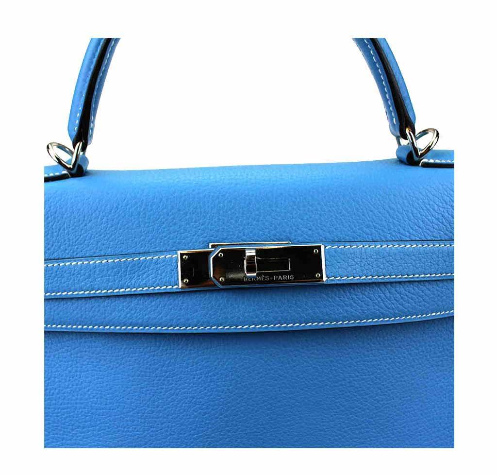 Hermes Kelly 32 Blue Jean Taurillon Clemence Leather Palladium Hardware