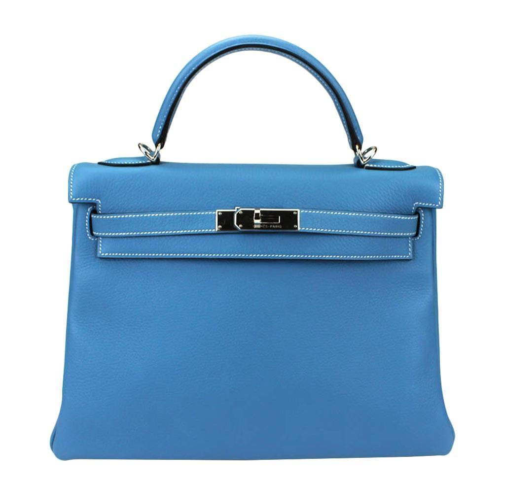 Hermes Kelly 32 Blue Jean Taurillon Clemence Leather Palladium Hardware
