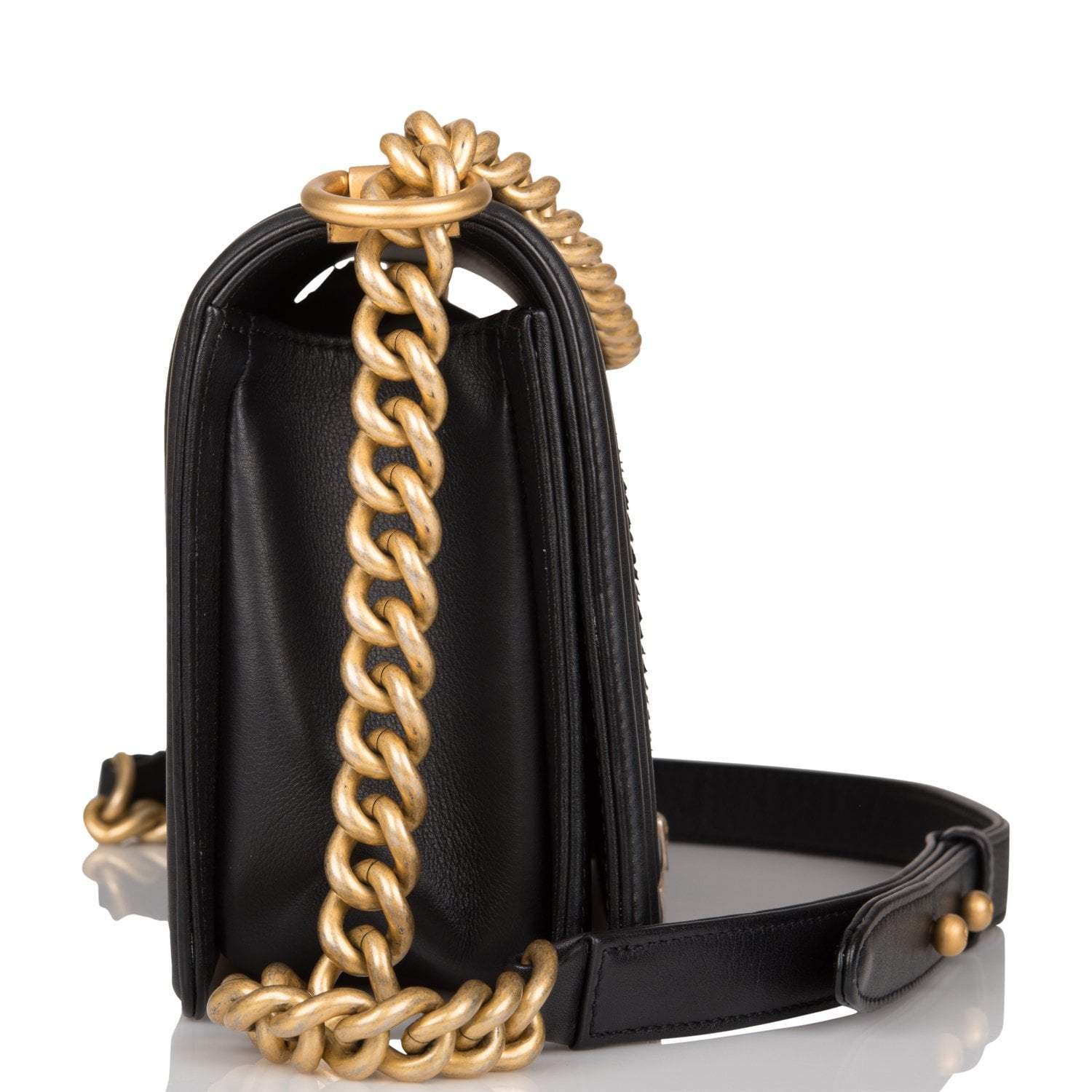 Pre-owned Chanel Black Python Medium Boy Bag Antique Gold Hardware